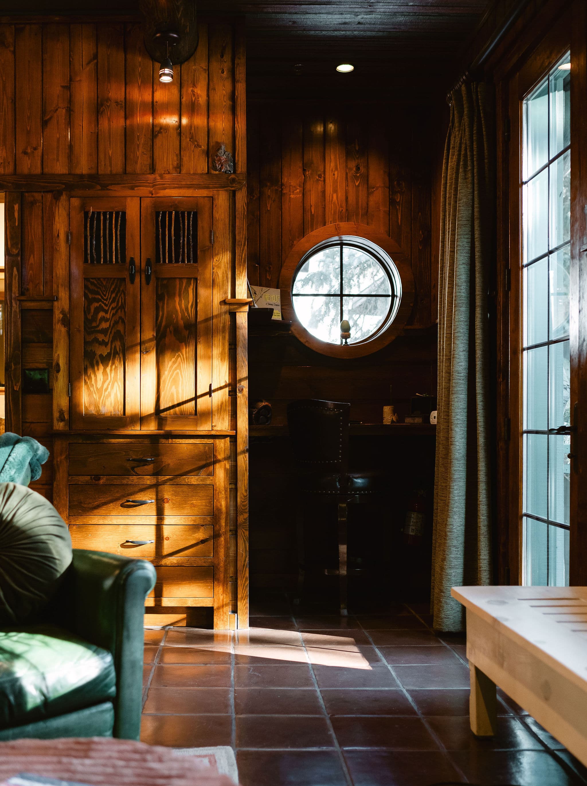 Vanity desk area with wood closets