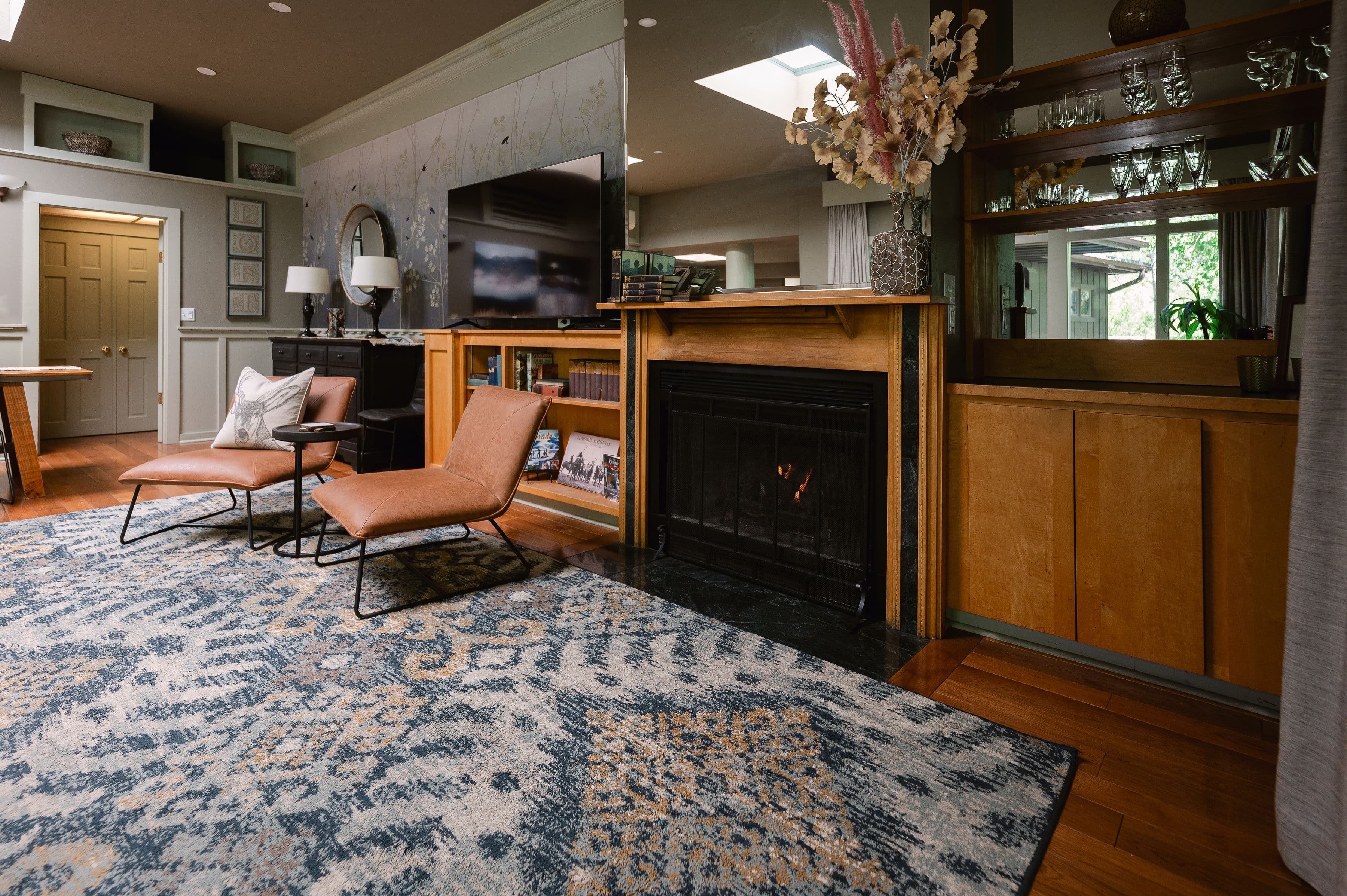Bar area next to seating and gas fireplace