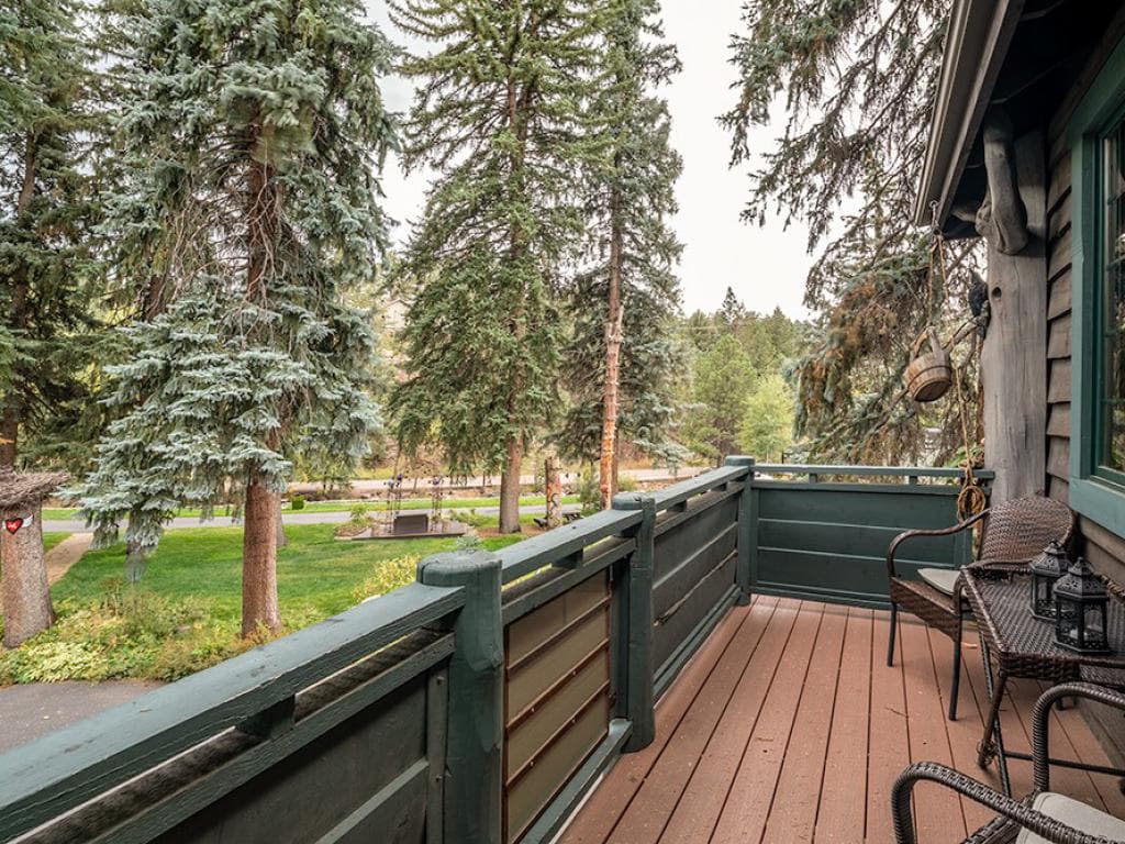 wood deck with view of big Evergreen trees and grass and creek