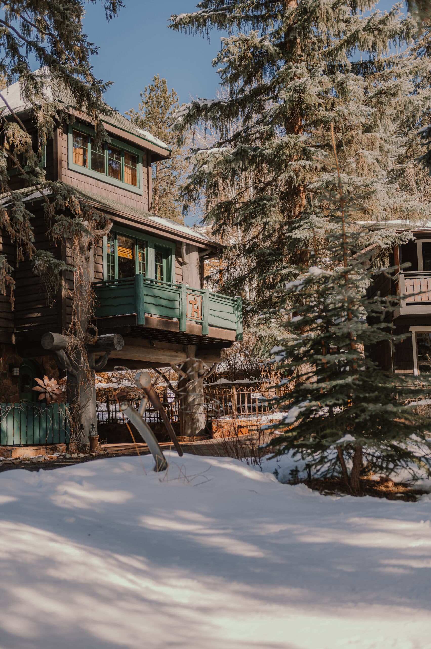 A cozy wooden cabin with green accents nestled among snow-covered trees.