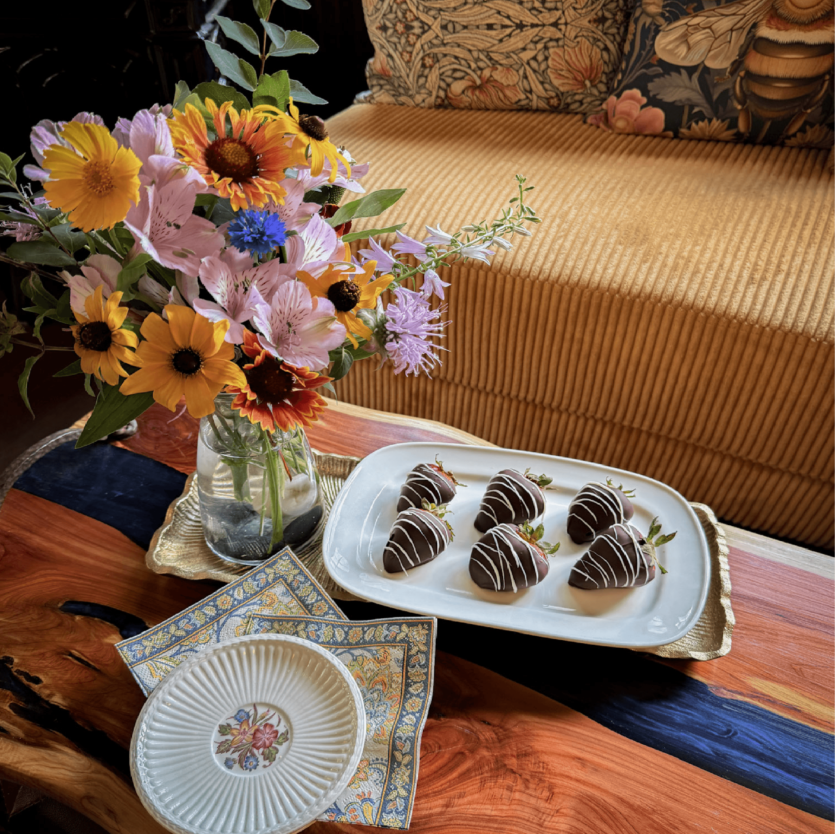A vase of colorful flowers beside a plate of chocolate-covered strawberries on a wooden table.