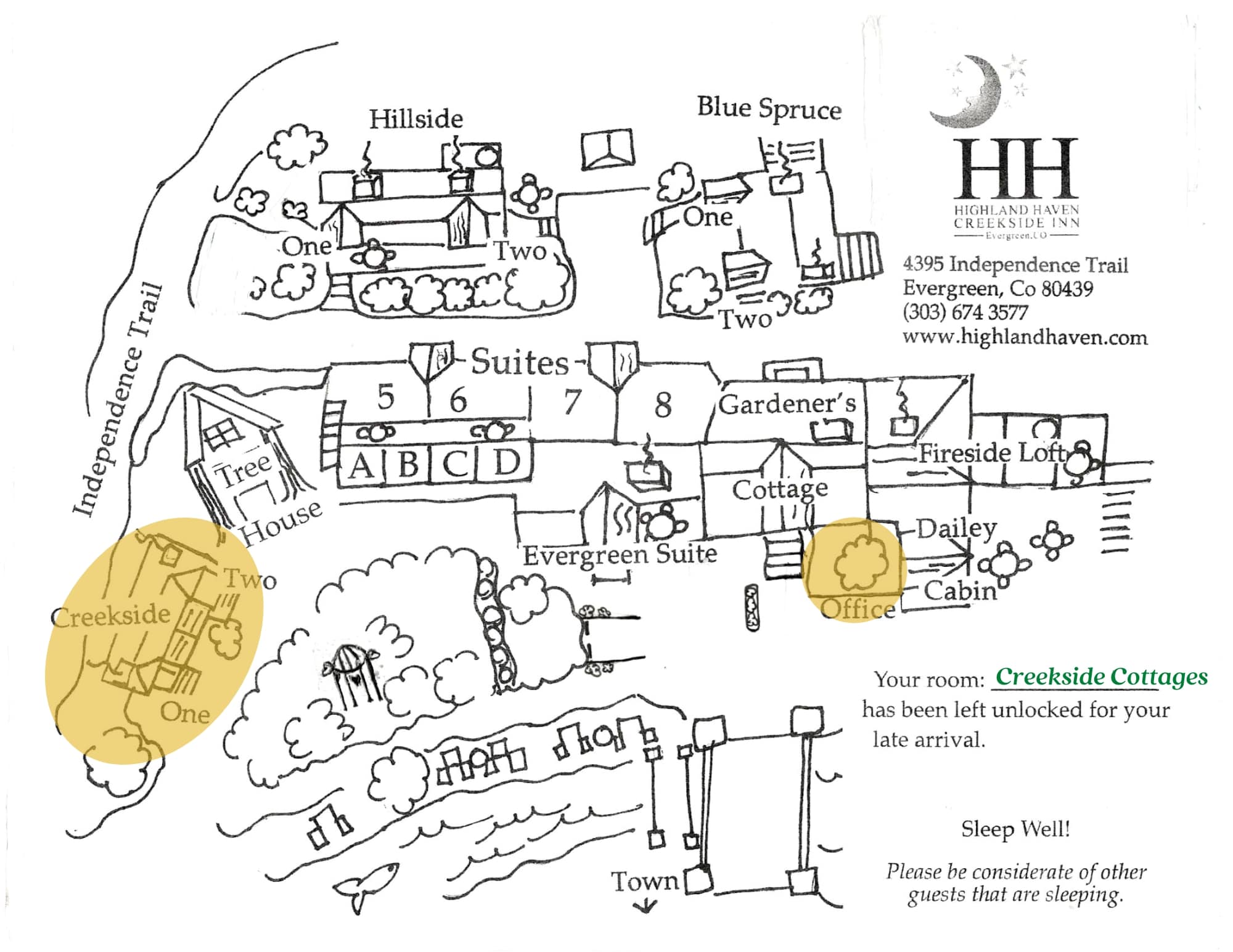 Line drawing map of the Highland Haven Creekside Inn property indicating where the Creekside cabins are located.