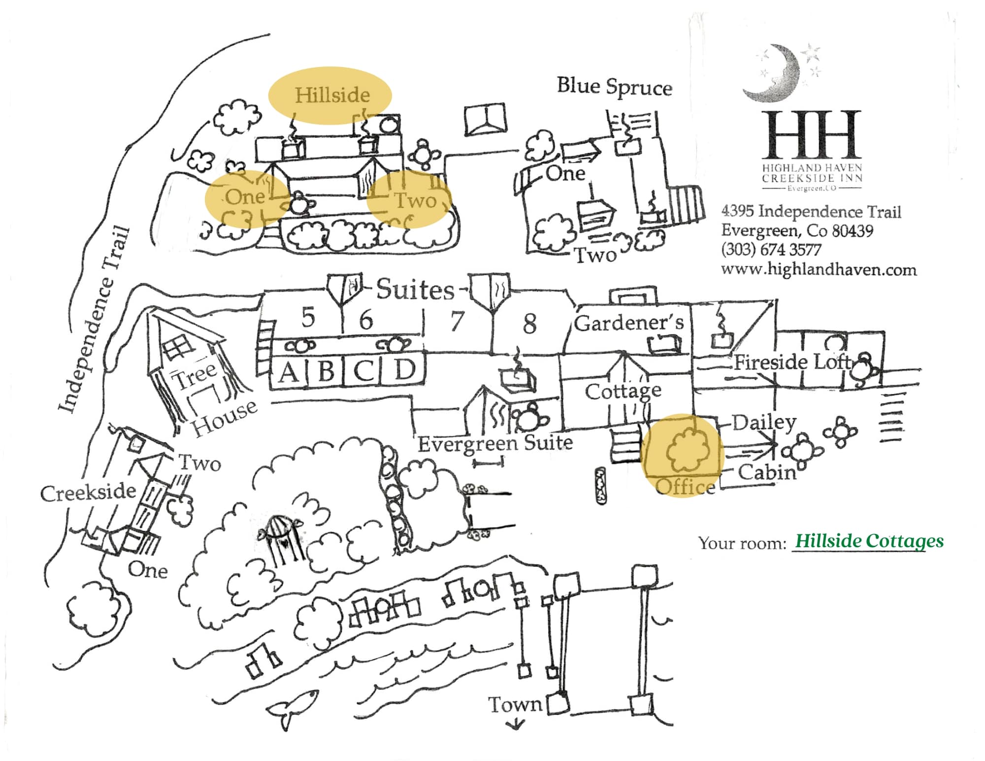 Map of Highland Haven Creekside Inn in Evergreen, Colorado, highlighting the location of the Hillside Cottages and the office.