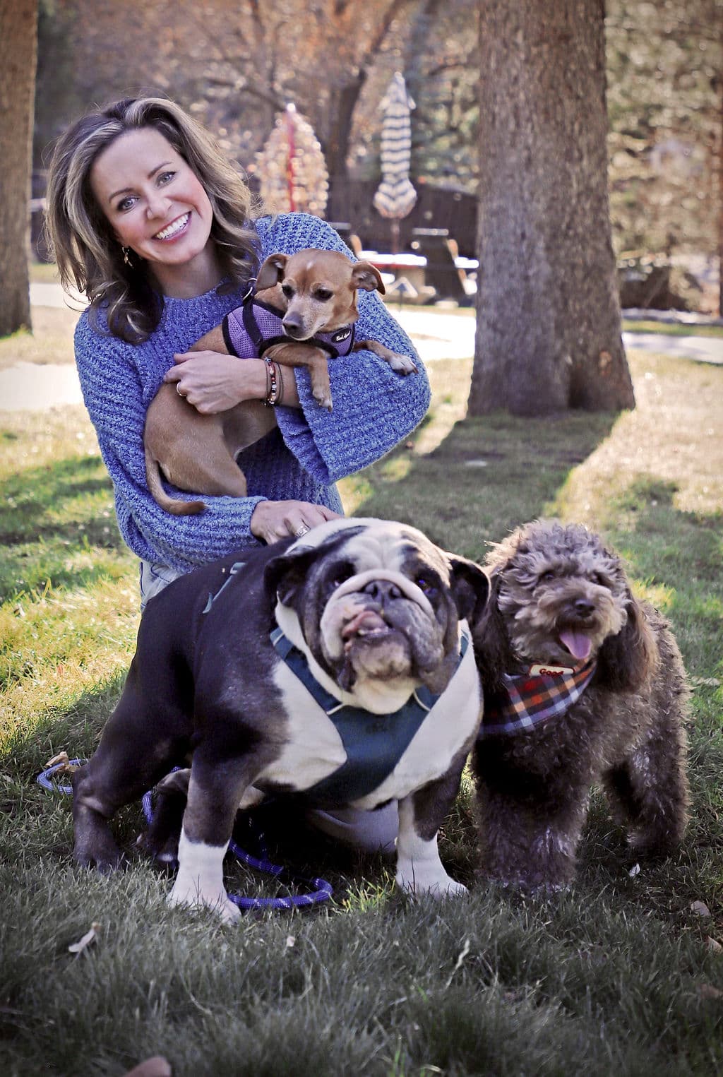 A woman smiles while holding a small dog and sitting beside two larger dogs on a grassy area.