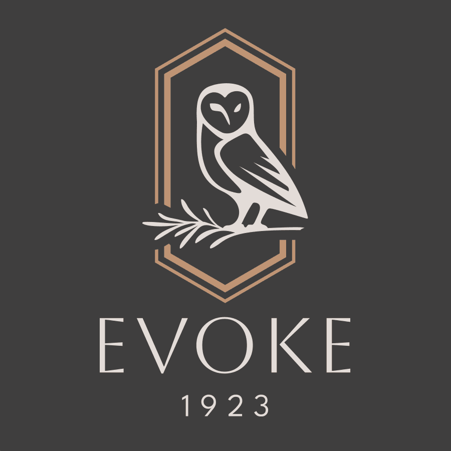 Logo featuring an owl and the text "EVOKE 1923" on a dark background.