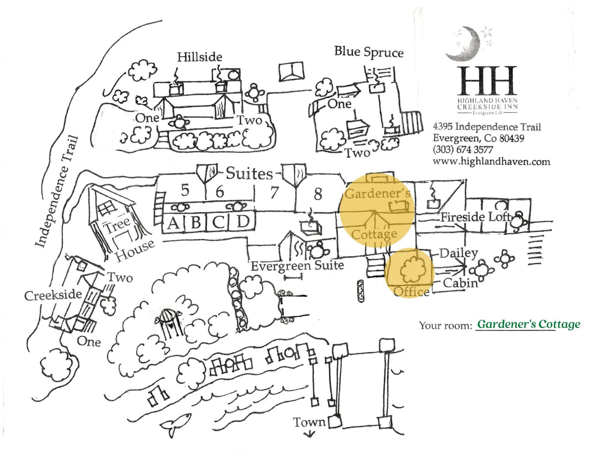 A map of Highland Haven Creekside Inn in Evergreen, Colorado, highlighting the location of Gardener's Cottage and surrounding accommodations.