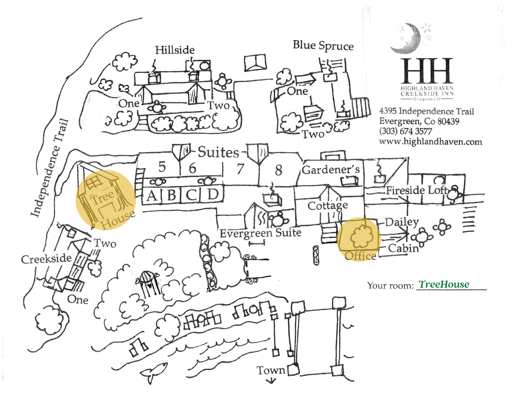 A line drawing map of Highland Haven Creekside Inn in Evergreen, Colorado, highlighting the location of the TreeHouse and surrounding accommodations.