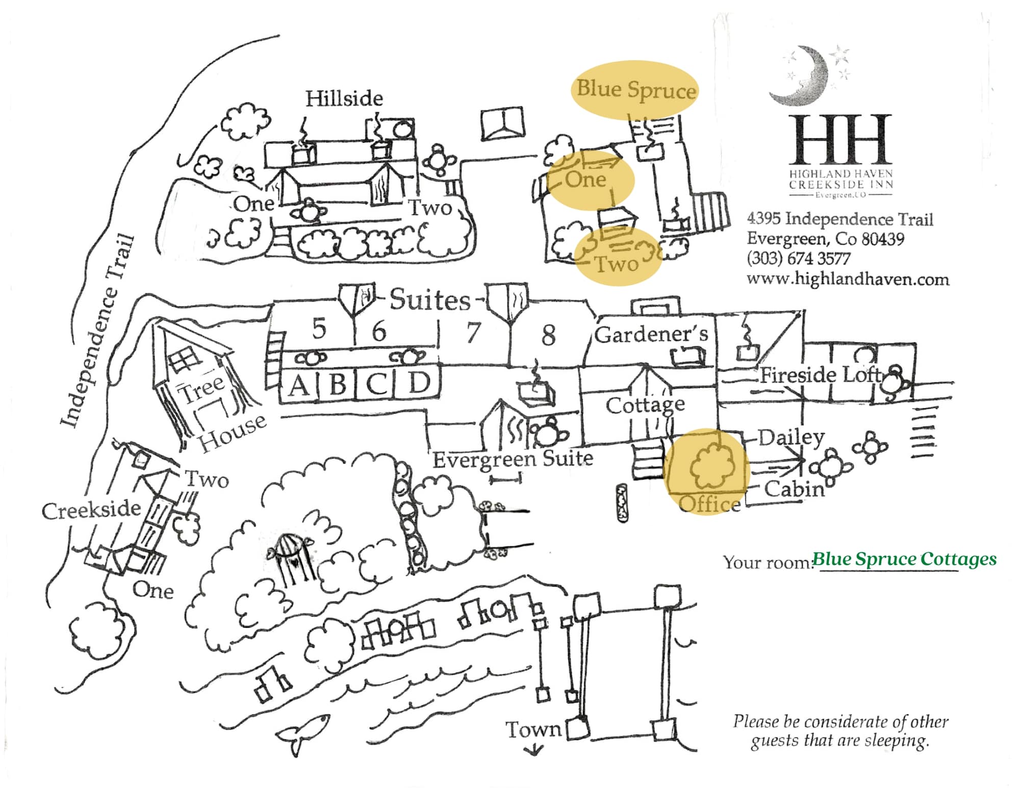 Line drawing map of the Highland Haven Creekside Inn property indicating where the Blue Spruce cabins are located.