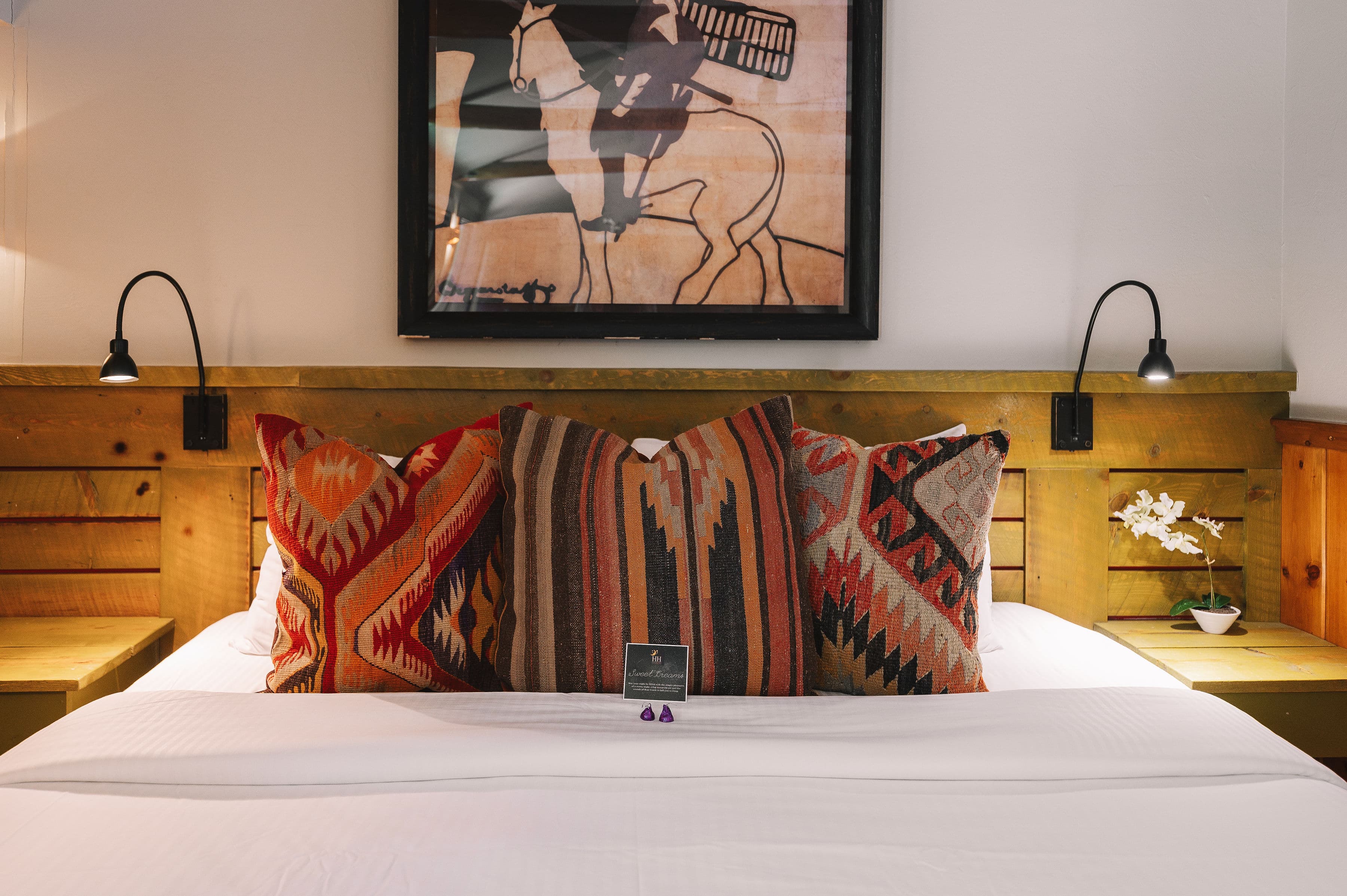 A cozy bed adorned with patterned pillows and a small plant, set against a wooden headboard and wall art.