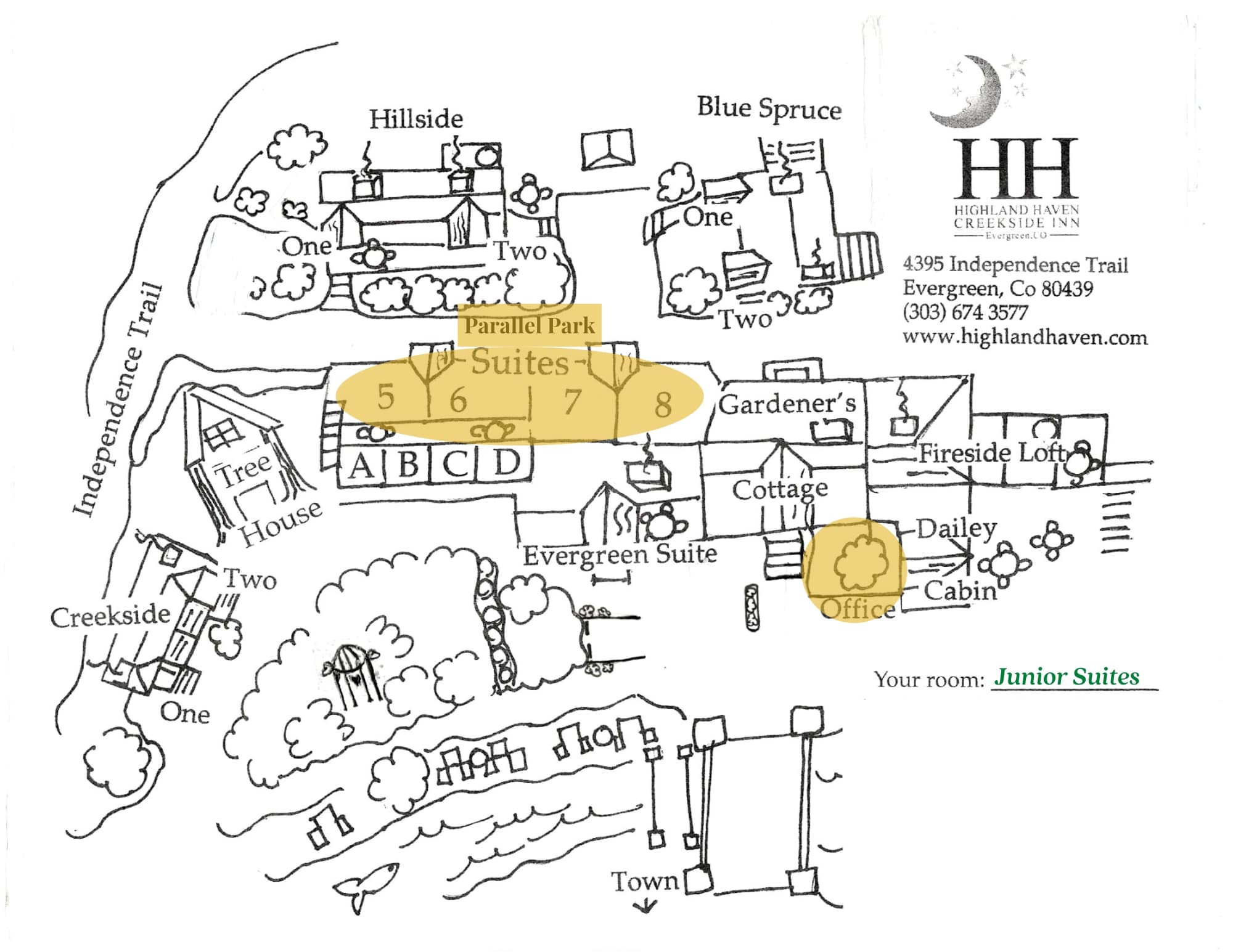 A line drawing map of Highland Haven Creekside Inn in Evergreen, Colorado, highlighting the location of the Junior Suites and surrounding accommodations.