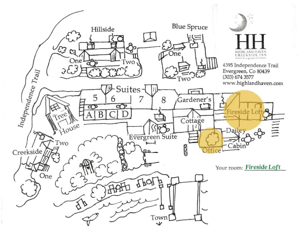 Line drawing map of the Highland Haven Creekside Inn property indicating where the Fireside Loft is located.