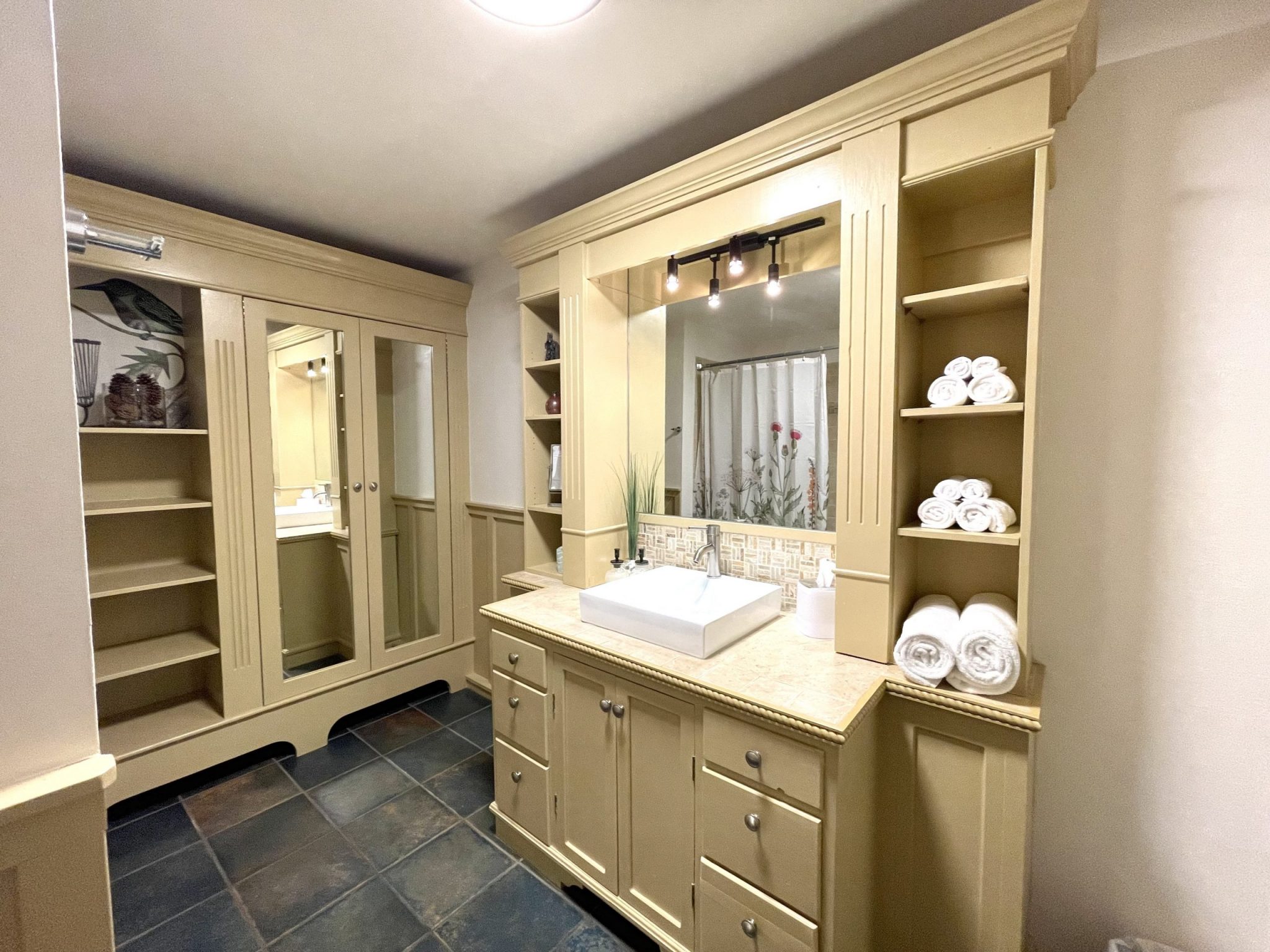 bathroom with built-in cabinetry and wardrobe